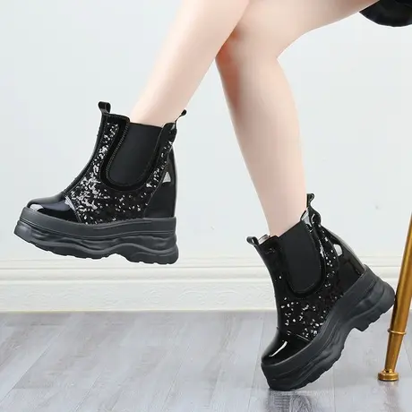 内增高运动鞋10CM2023年新款漆皮亮片厚底高帮坡跟休闲切尔西短靴商品大图