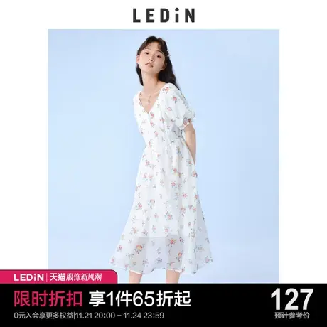 乐町V领印花连衣裙碎花欧根纱休闲春夏女收腰白泡泡袖长裙子图片
