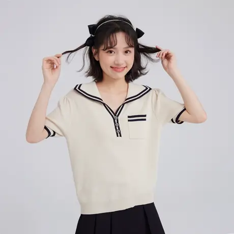 尔给2022年新款学院风泡泡袖短袖针织衫女夏polo领上衣小众设计感图片