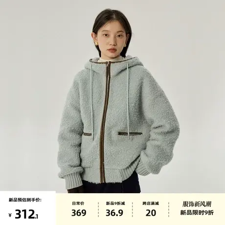 omont蛋挞家  复古连帽短外套女2023冬季新款宽松毛呢厚卫衣上衣商品大图