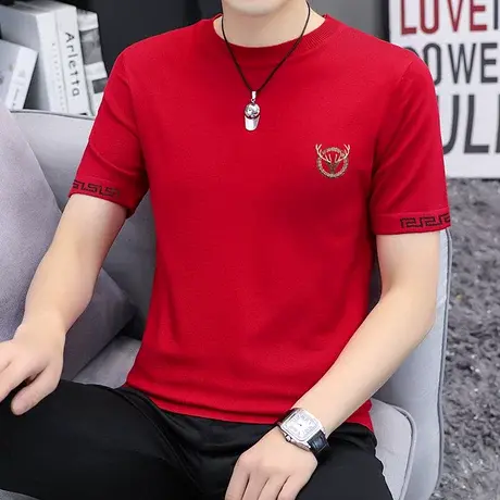 2025春季新款红色本命年短袖毛衣男士针织衫潮流百搭半袖打底小衫商品大图