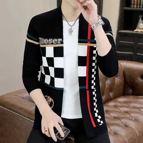 针织开衫男士毛衣外套春秋款潮流男装上衣衫外搭秋装格子上衣薄款商品大图