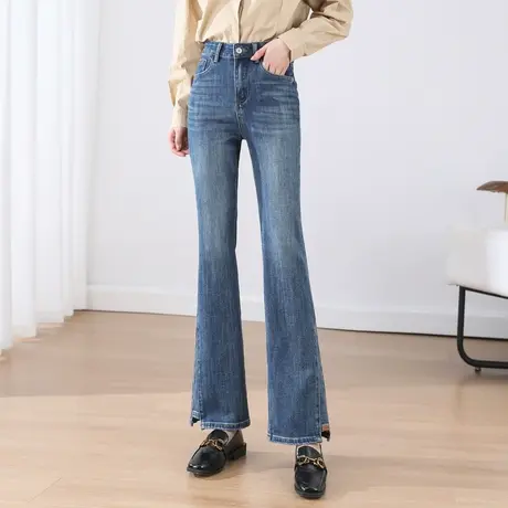 时尚气质微喇牛仔长裤2023年秋季新款女士简约高腰显瘦通勤裤子商品大图