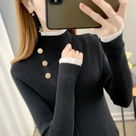 半高领毛衣女蕾丝打底衫2023秋冬新款修身套头外穿针织衫内搭上衣商品大图