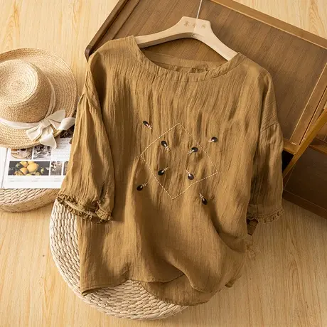 享永子七分袖苎麻刺绣小衫女文艺复古套头棉麻上衣薄2023夏季新款商品大图