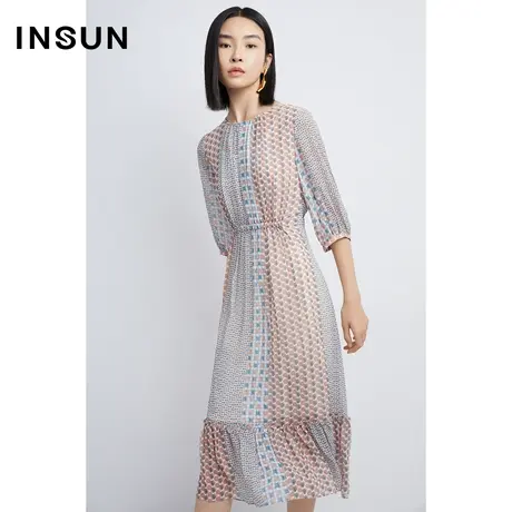 INSUN恩裳秋季波点印花拼接感轻薄连衣裙图片
