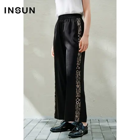 INSUN恩裳线上专选春季仿真丝高密缎撞色休闲裤图片
