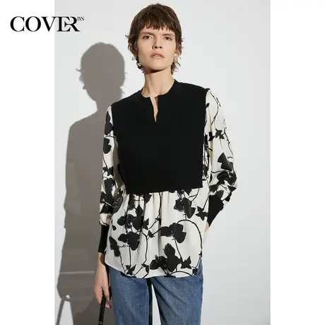 COVER2023春季假两件拼接印花弹力针织衫图片