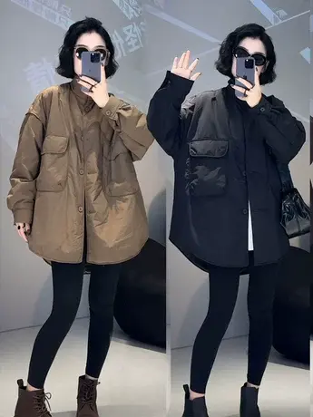 秋冬韩版时尚宽松工装大口袋立领中长薄棉衣外套休闲气质简约上衣图片