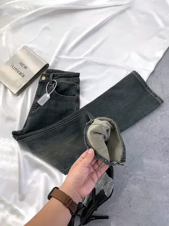 2023秋冬新款加绒牛仔微喇叭裤高腰显瘦做旧小个子弹力马蹄九分裤商品大图