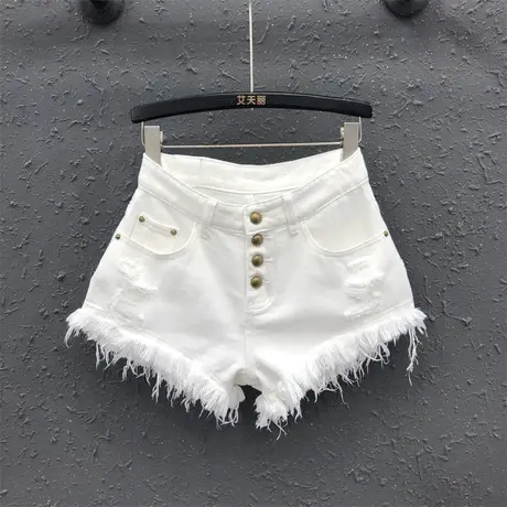 2025春夏新款白色毛边纽扣设计感牛仔短裤女百搭外穿a字阔腿裤潮商品大图
