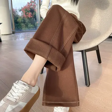 咖啡色毛呢镰刀裤女2024新款秋冬高腰宽松加厚保暖呢子休闲阔腿裤商品大图