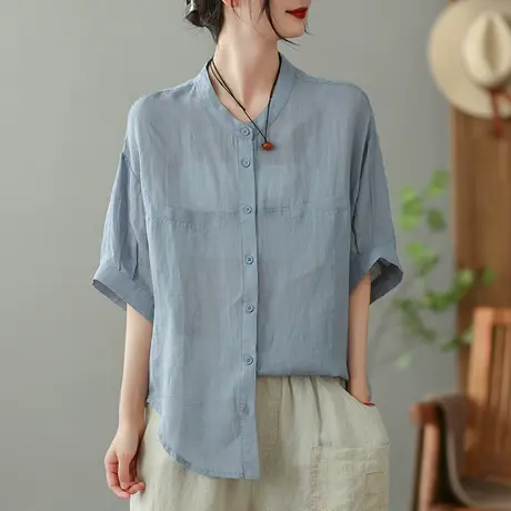 dza 纯色苎麻短袖衬衫女士2023夏季薄款外搭衬衣棉麻防晒开衫上衣图片