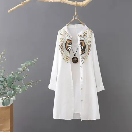 中长款棉麻衬衫女2024年春季新品文艺印花亚麻长袖衬衣薄外套开衫图片