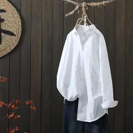 枫谜春装新款文艺简约纯棉长袖中长款刺绣衬衫女宽松休闲百搭上衣图片