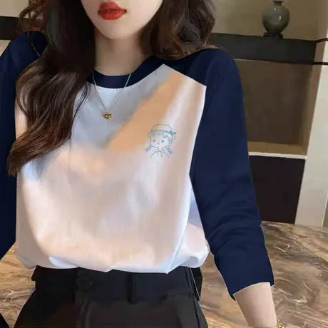 早秋新款长袖t恤女秋衣纯棉宽松卡通印花插肩袖拼色打底衫上衣潮图片