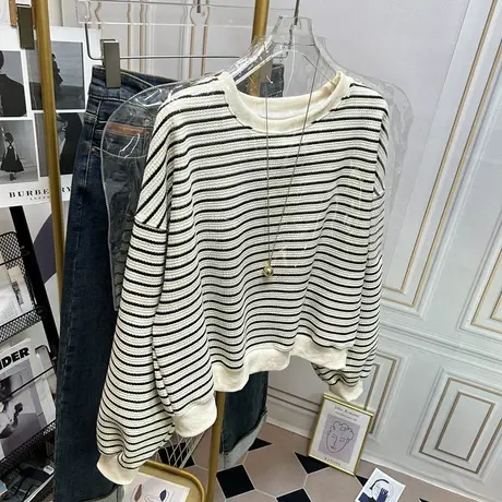 华夫格条纹卫衣女2023新款爆款时尚洋气宽松韩版无帽圆领春秋上衣商品大图