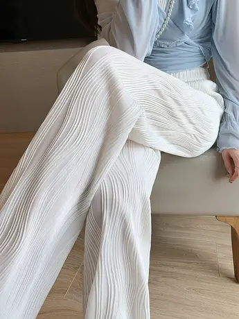 高腰垂感白色冰丝阔腿裤女春夏雪纺水波纹直筒裤2023新款休闲长裤图片