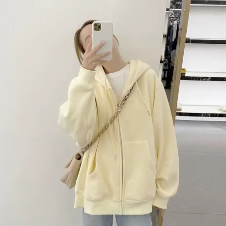 hiphop高街外套大码薄款韩版慵懒风纯色连帽开衫ins潮百搭卫衣女商品大图