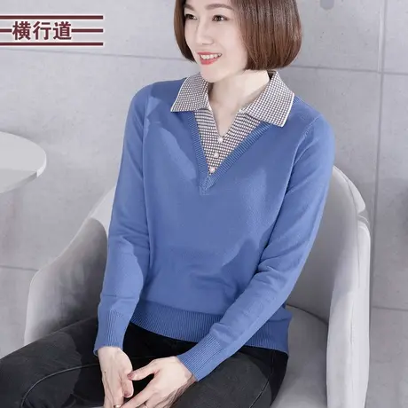 2025翻领假两件拼接休闲宽松长袖针织衫上衣打底大码妈妈女装春装商品大图
