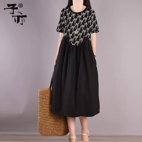 子亦夏装新款文艺印花假两件褶皱显瘦短袖宽松连衣裙女潮夏图片