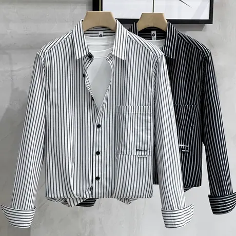纯棉春秋款日系竖条纹衬衫男士潮流宽松休闲衬衣长袖寸衣外套秋季商品大图