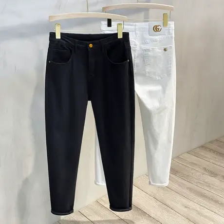 高端黑色牛仔裤男夏季薄款韩版潮流修身小脚裤男士百搭休闲长裤子商品大图