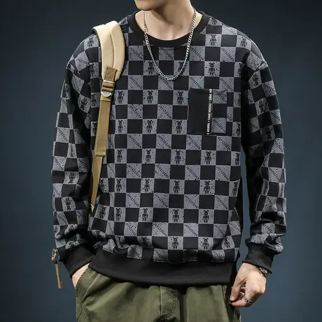 秋冬季棋盘格子印花胸前有口袋卫衣男士2024新款圆领套头tT恤男生商品大图