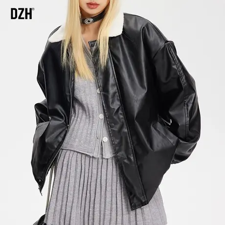 男士PU皮衣男外套加绒加厚冬季棉衣2024新款情侣摇粒绒棉服机车服商品大图