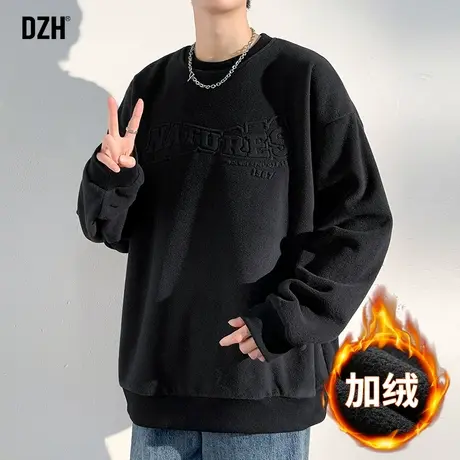 男士黑色加绒卫衣男圆领冬季加厚休闲长袖双面绒上衣宽松2023新款商品大图