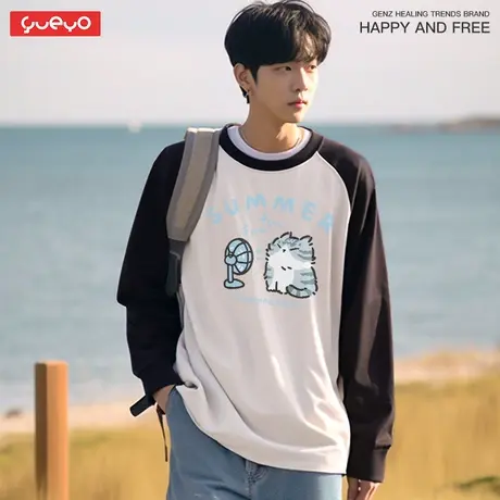 悦游 吹风美短 重磅纯棉日系可爱猫咪撞色拼色长袖插肩T恤男商品大图