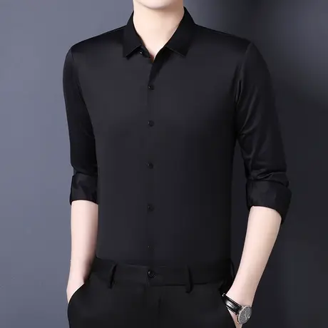 男士黑色长袖衬衫夏季冰丝薄款宽松高级休闲无痕衬衣春夏长袖上衣图片