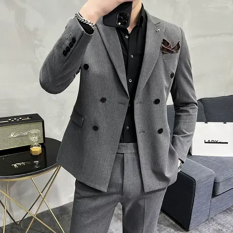 轻奢双排扣修身西装男大码胖子西服三件套新郎伴郎团高档结婚礼服图片