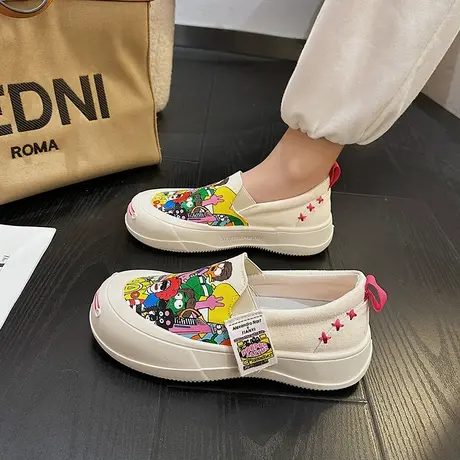 可爱卡通懒人一脚蹬厚底透气帆布鞋女涂鸦2023春夏新款潮流休闲鞋商品大图