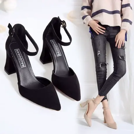 2023春季新款一字扣带尖头高跟鞋粗跟凉鞋女包头中空绒面韩版单鞋商品大图