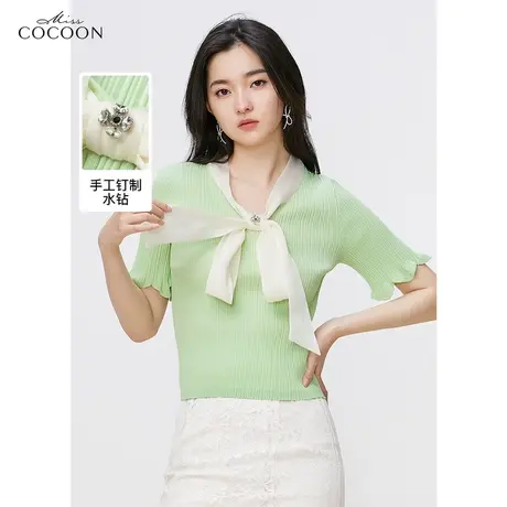 miss COCOON清爽针织衫2023新款夏季女装修身飘带蝴蝶结领T恤上衣商品大图