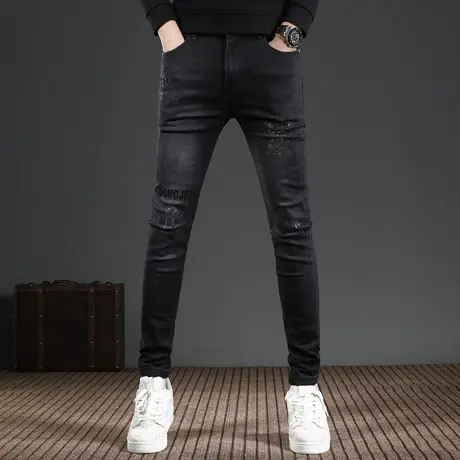 黑色牛仔裤男款秋冬款修身小脚2023新款潮牌烫钻弹力男士裤子痞帅图片