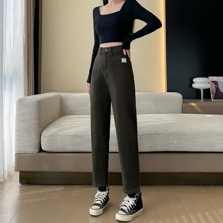 军绿色牛仔裤女春秋2024年新款高腰宽松显瘦小个子哈伦老爹萝卜裤图片