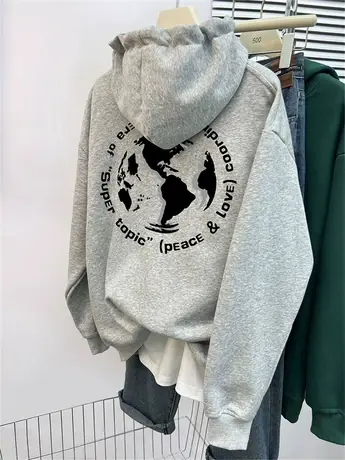 美式复古潮牌连帽卫衣女春秋冬加绒加厚外套宽松bf慵懒风情侣上衣商品大图