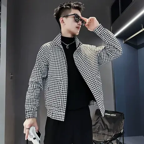 秋季千鸟格夹克个性痞帅潮牌格子潮流机车时尚休闲INS小众外套男图片