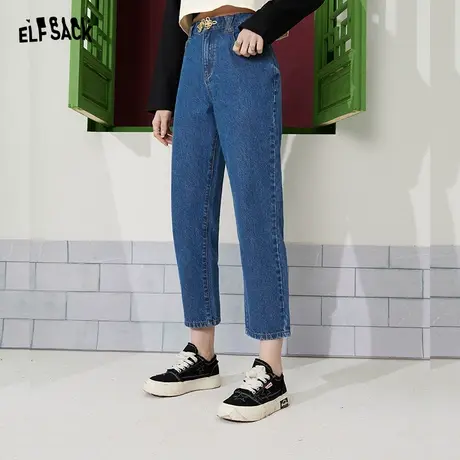 妖精的口袋盘扣蓝色萝卜裤牛仔裤女2024春新款九分裤高腰显瘦裤子商品大图