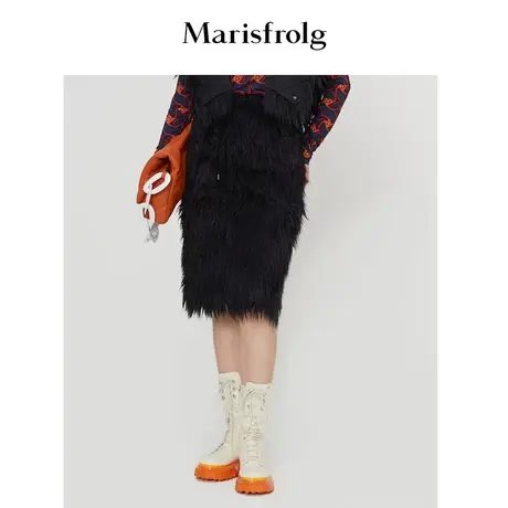 Marisfrolg玛丝菲尔冬季新款黑色仿皮草包臀半身裙女商品大图