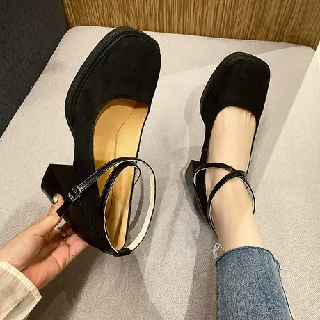 法式粗跟玛丽珍鞋女2024年新款复古百搭高跟单鞋绒面方头穆勒鞋潮商品大图