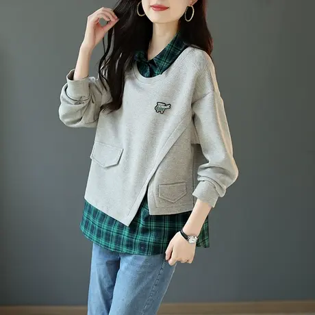 宝诗黎设计感宽松春季百搭休闲卫衣女2024假两件拼接格子新款上衣图片