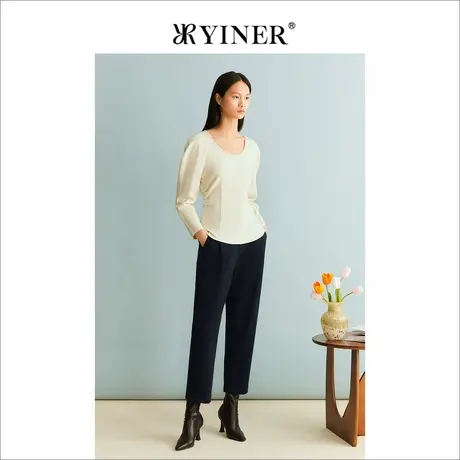 YINER音儿女装冬季法式优雅绵羊毛衬衫收腰修身收褶上衣商品大图