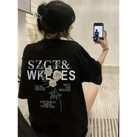 设计感小众黑色短袖t恤女夏季美式复古小个子宽松半袖上衣纯棉ins商品大图