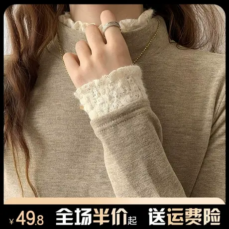半高领蕾丝边设计感打底衫女秋冬季内搭长袖t恤针织保暖气质上衣商品大图