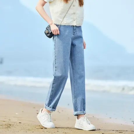 唐狮新款春季牛仔裤女高腰多扣宽松显瘦哈伦复古老爹裤潮流韩版图片