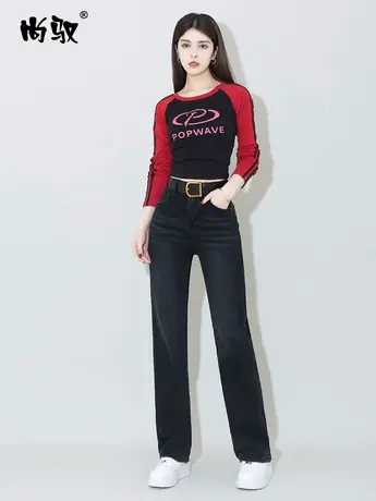 尚驭黑色弹力高腰牛仔直筒裤2024年春季做旧拖地裤显高显瘦女裤子图片