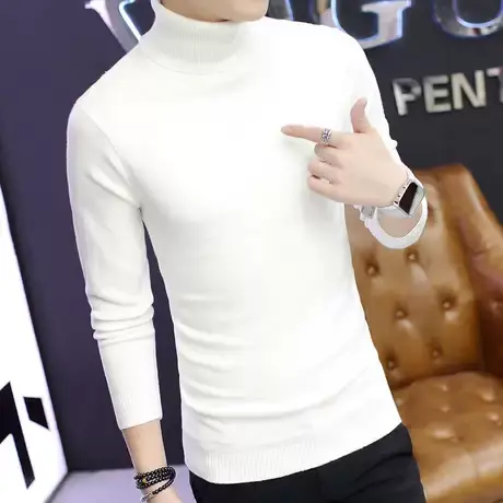 秋冬季韩版男士高领毛衣加绒加厚潮流针织衫白色打底衫春秋毛线衣商品大图